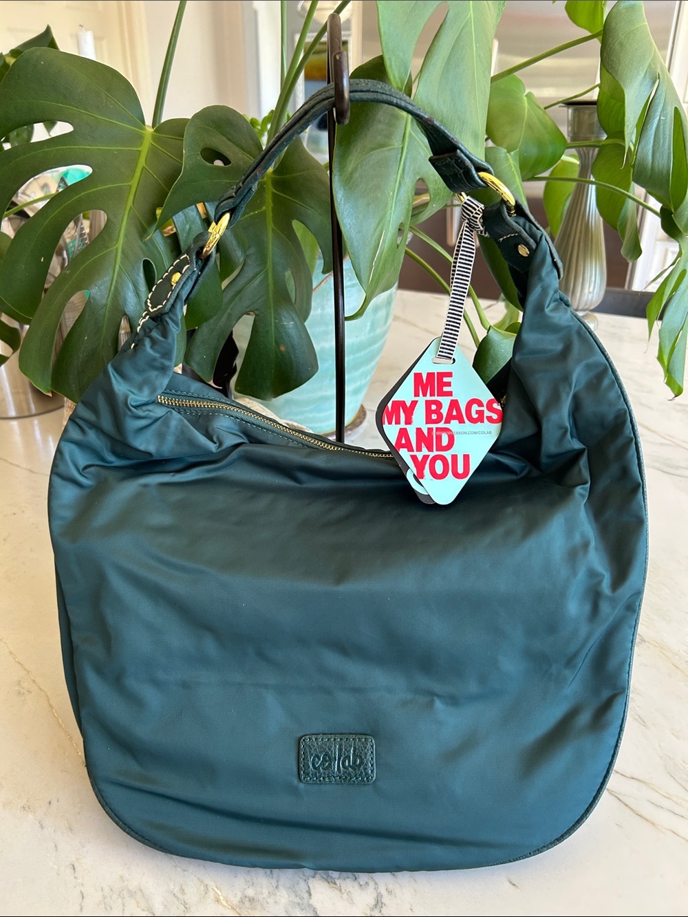 Teal Nylon Shoulder Bag with Branded Patch